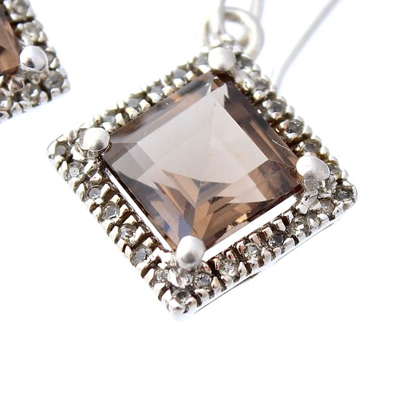 Estate Smoky Quartz Sterling Silver Dangle Earrings White Topaz Halo Square Cut - Picture 2 of 4